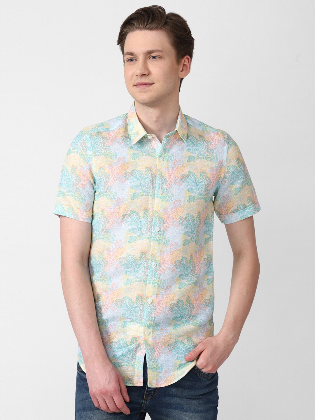 

SIMON CARTER LONDON Tropical Printed Slim Fit Casual Shirt, Beige