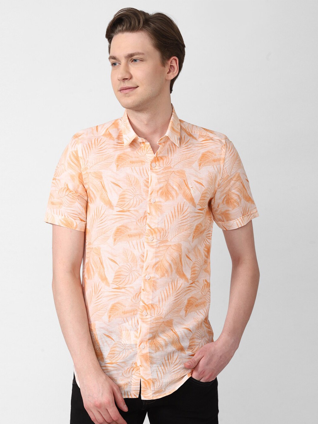 

SIMON CARTER LONDON Tropical Printed Slim Fit Linen Cotton Casual Shirt, Orange