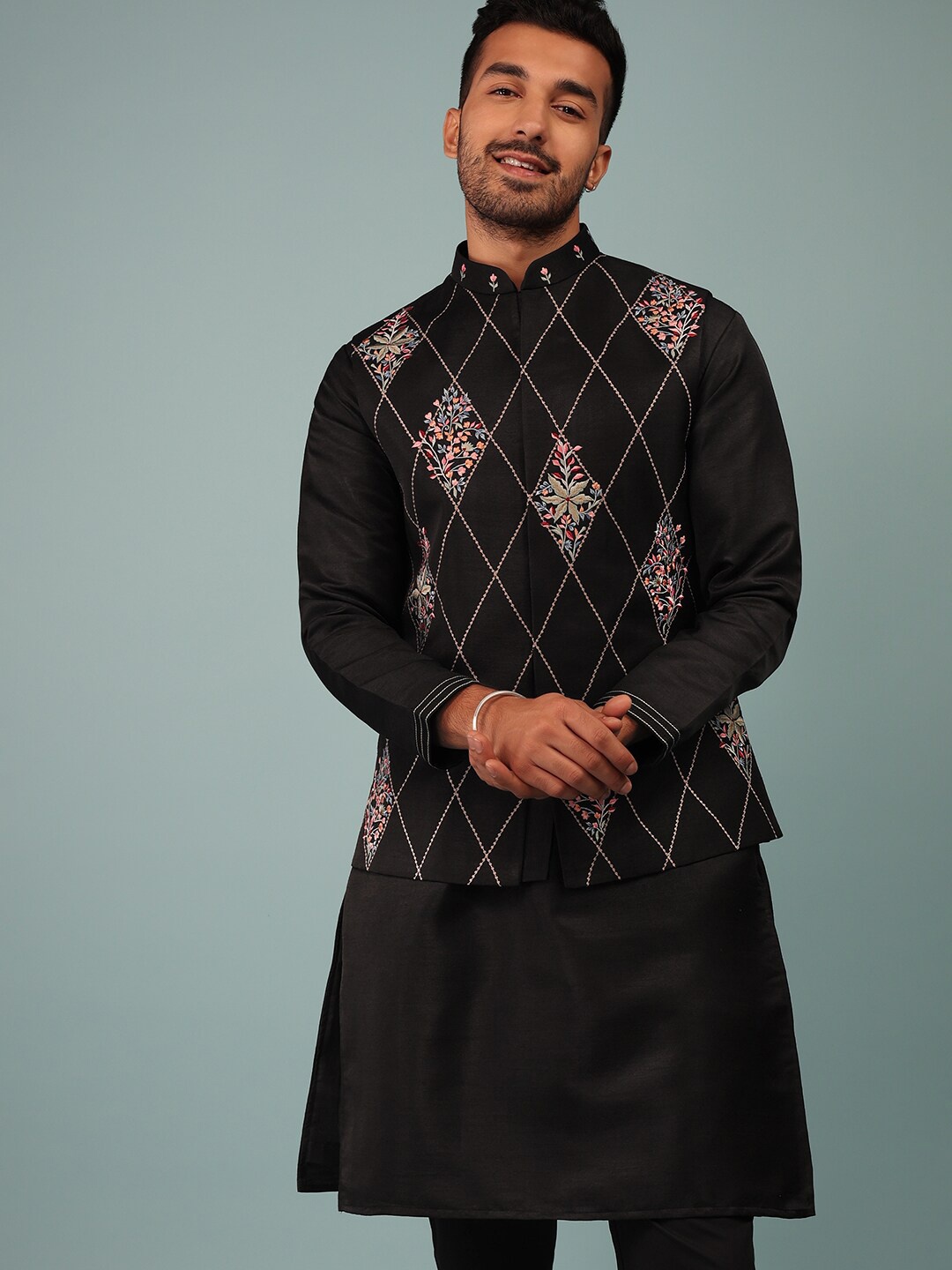 

KALKI Fashion Mandarin Collar Raw Silk Kurta With Trousers & Jacket, Black