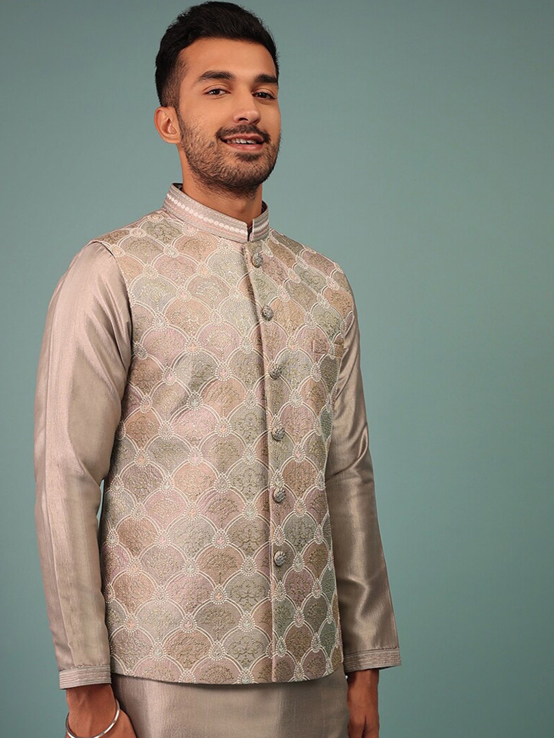 

KALKI Fashion Straight Pure Silk Kurta With Trousers & Nehru Jacket, Rose gold