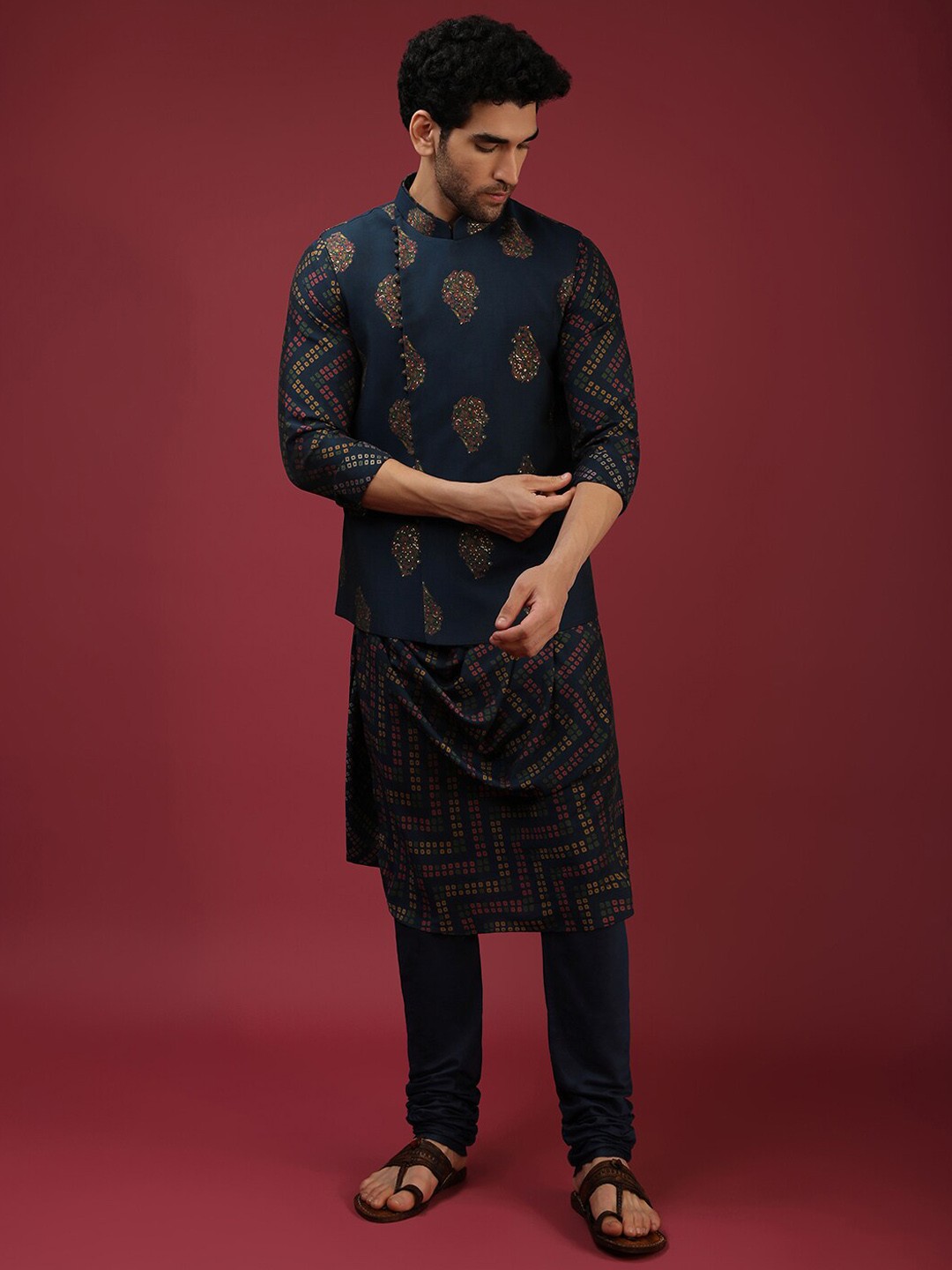 

KALKI Fashion Bandhani Printed Gathered Kurta with Churidar & Jacket, Navy blue