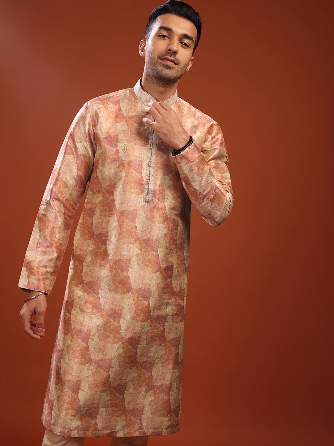 

KALKI Fashion Abstract Printed Regular Pure Silk Kurta With Churidar, Peach