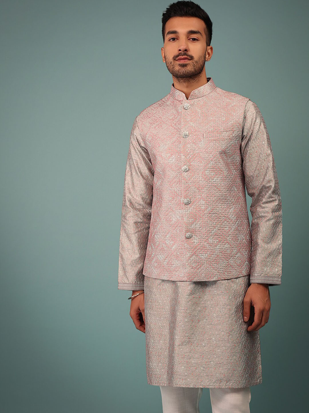 

KALKI Fashion Embroidered Mandarin Collar Pure Silk Kurta With Trousers & Nehru Jacket, Pink