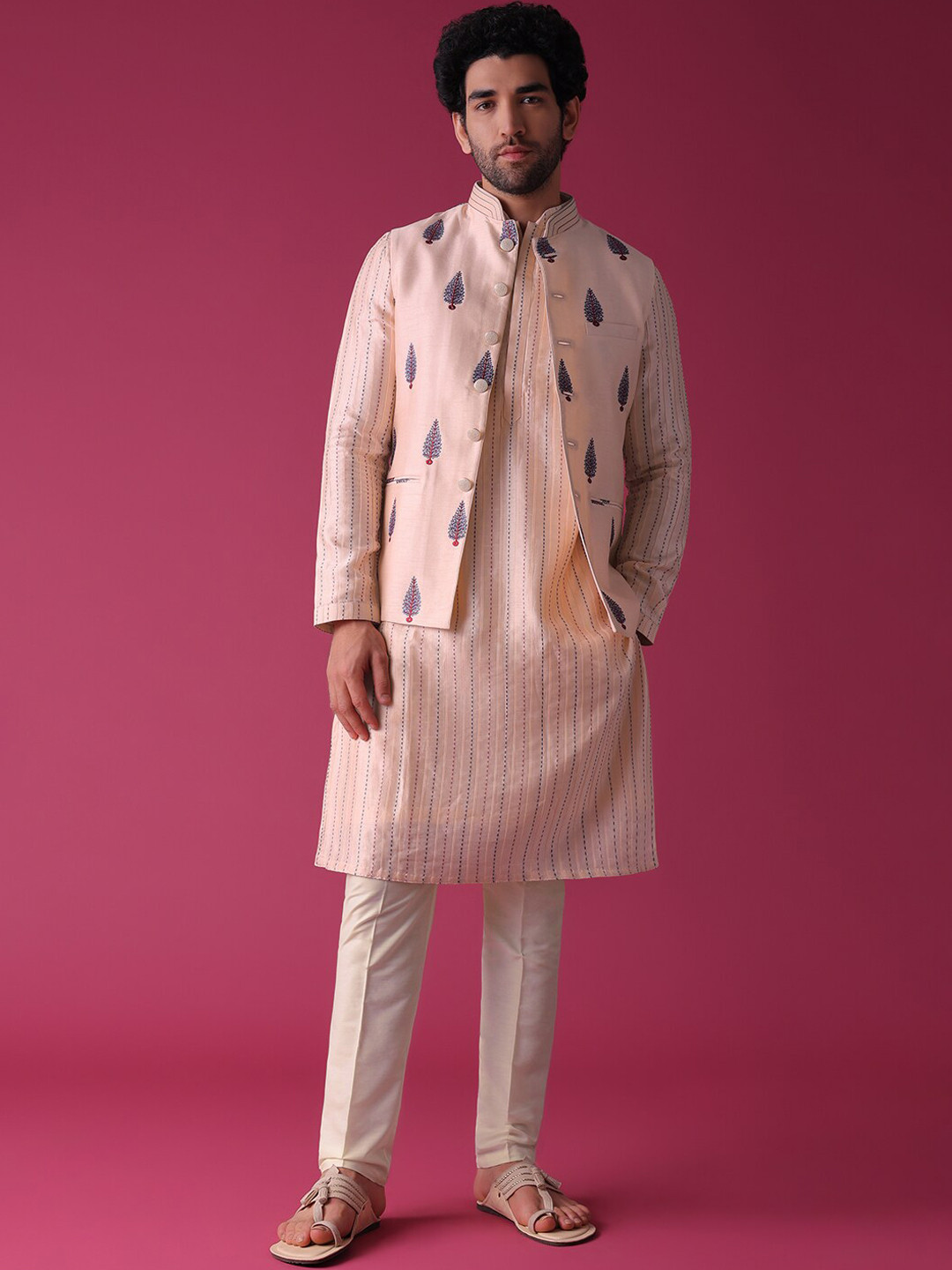 

KALKI Fashion Striped Mandarin Collar Thread Work Kurta With Trousers & Nehru Jacket, Peach