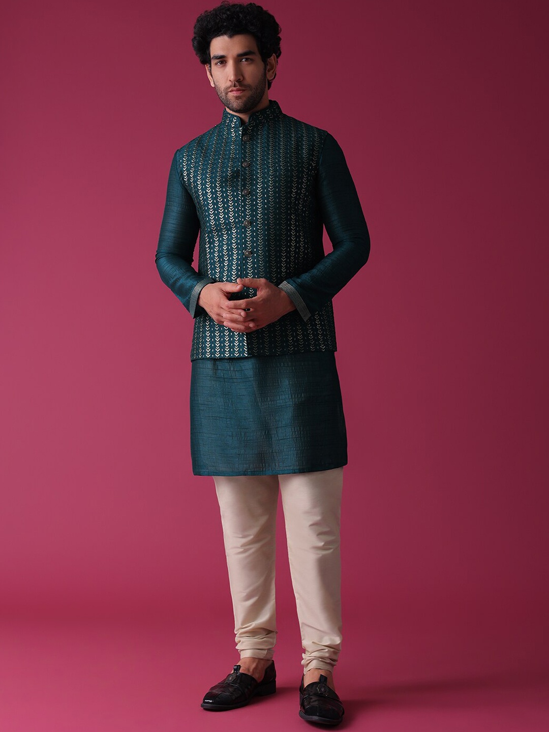 

KALKI Fashion Mandarin Collar Pure Silk Kurta With Churidar & Nehru Jacket, Teal