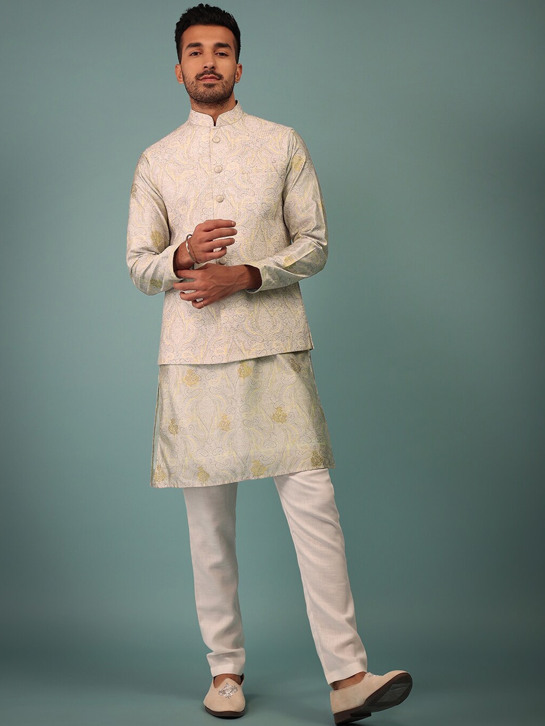 

KALKI Fashion Ethnic Motifs Printed Pure Silk Kurta with Trousers & Nehru Jacket, Grey