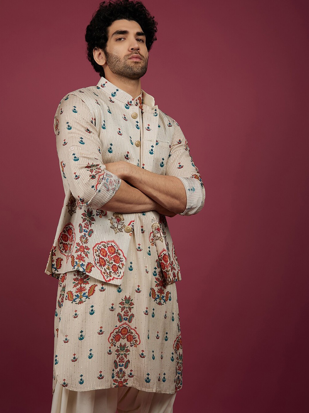 

KALKI Fashion Printed Mandarin Collar Pure Silk Kurta With Trousers & Jacket, Off white