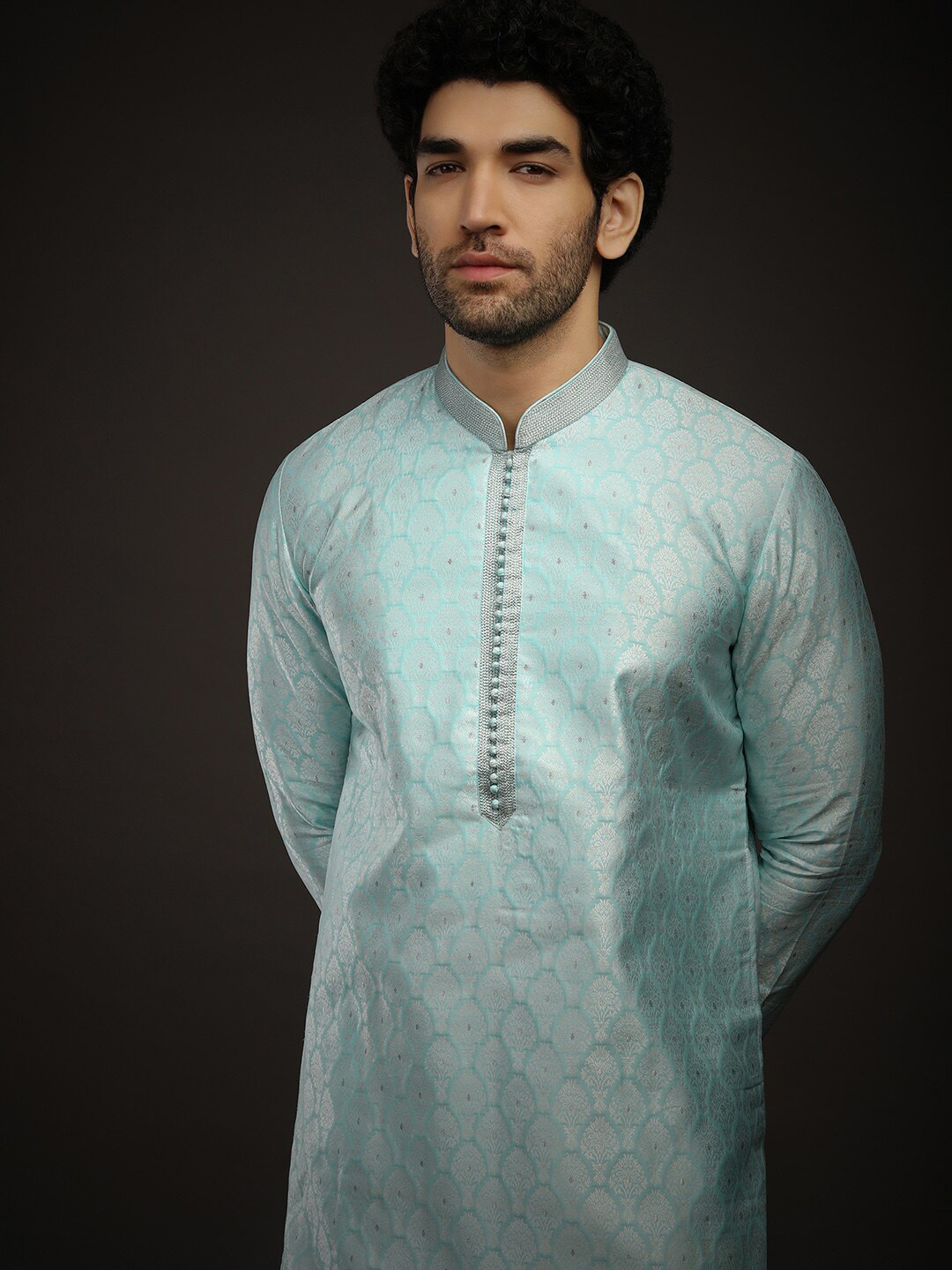 

KALKI Fashion Ethnic Motifs Woven Design Mandarin Collar Pure Silk Kurta With Churidar, Turquoise blue