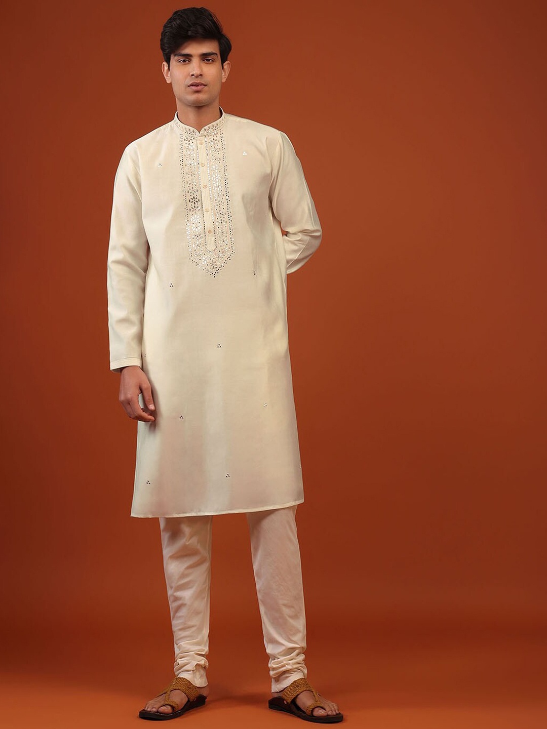 

KALKI Fashion Mandarin Collar Mirror Work Pure Silk Kurta with Churidar, White