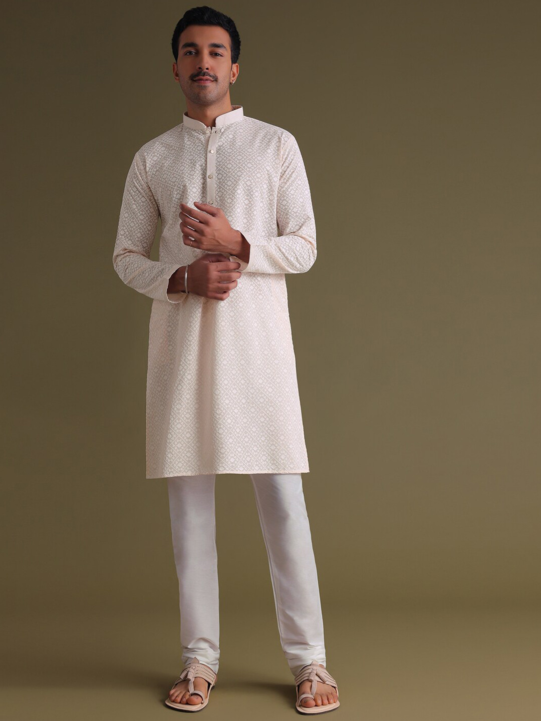 

KALKI Fashion Woven Design Mandarin Collar Kurta With Churidar, Peach