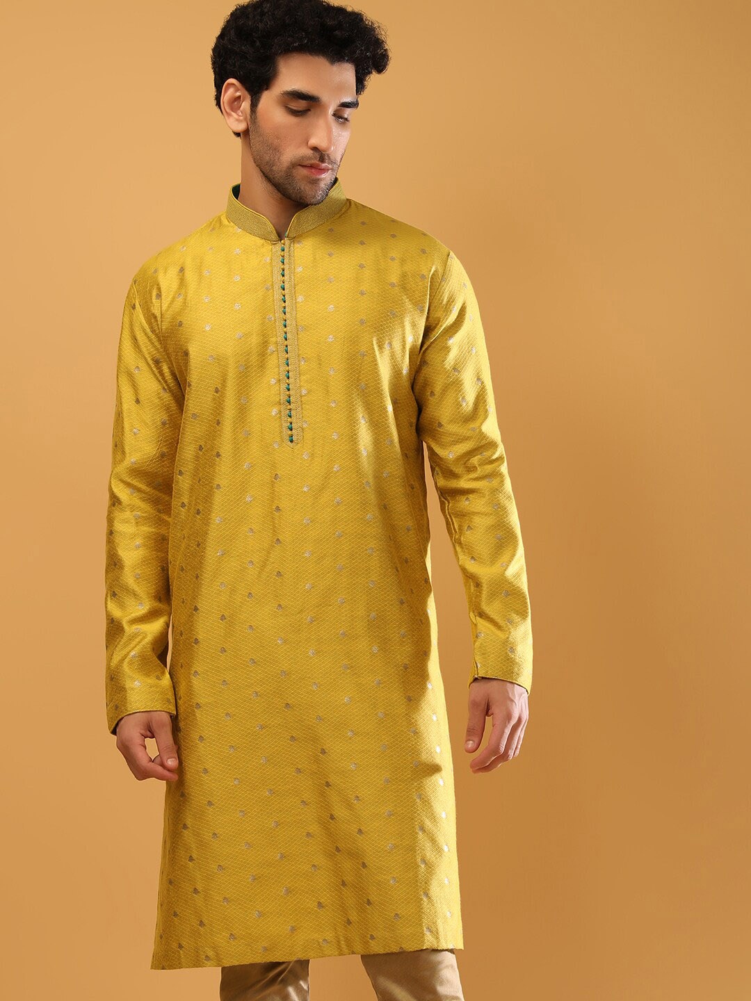 

KALKI Fashion Geometric Printed Pure Silk Kurta with Churidar, Yellow
