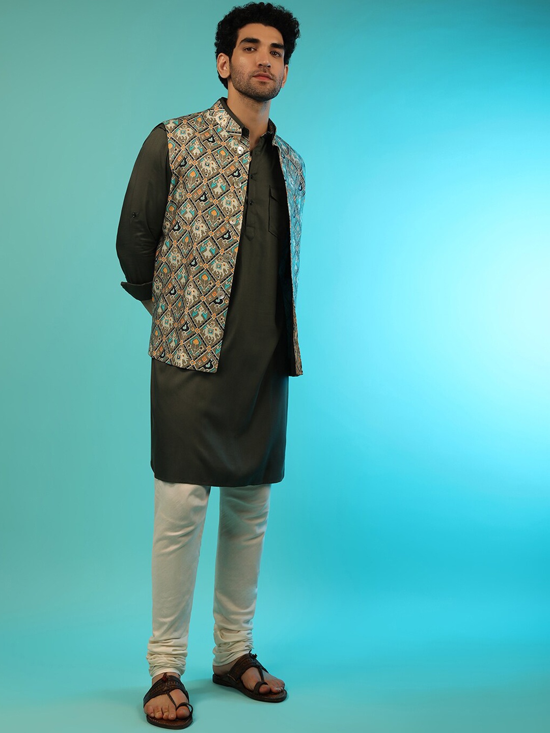 

KALKI Fashion Shirt Collar Pathani Kurta With Churidar & Nehru Jacket, Olive