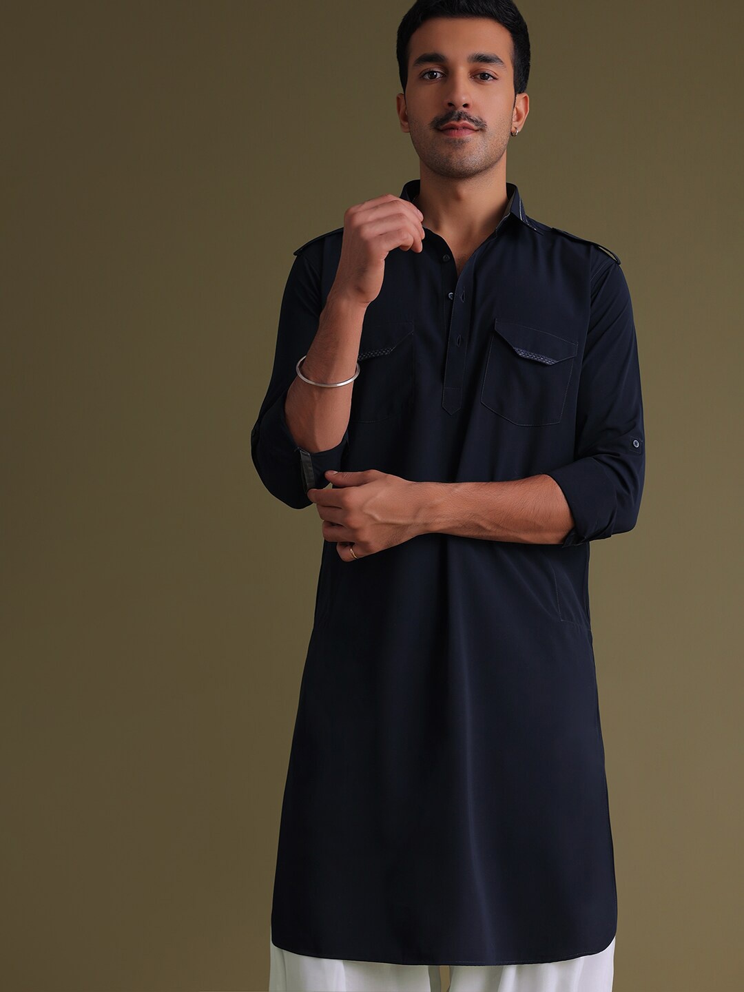 

KALKI Fashion Shirt Collar Pathani Kurta with Churidar, Navy blue