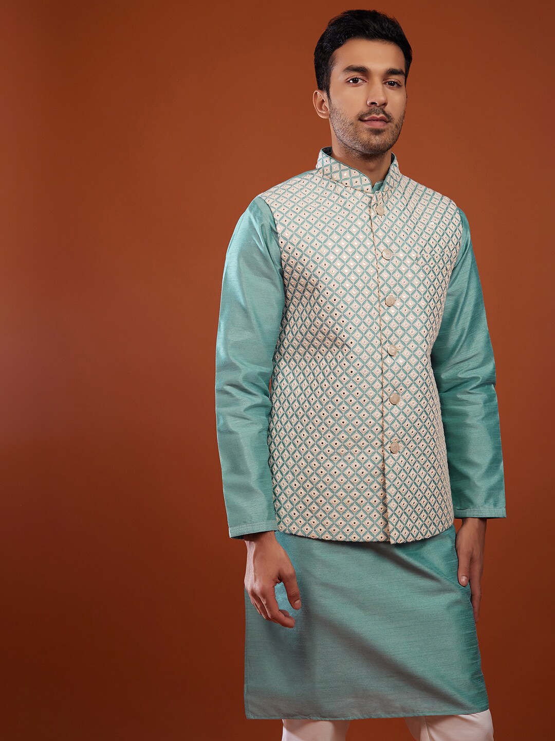 

KALKI Fashion Mandarin Collar Kurta With Trousers & Nehru Jacket, Sea green