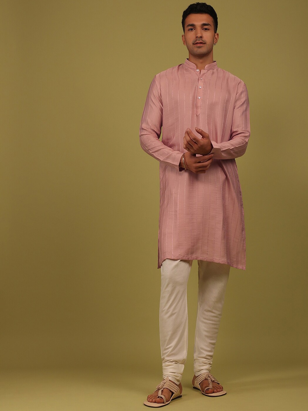

KALKI Fashion Striped Mandarin Collar Regular Kurta With Churidar, Pink