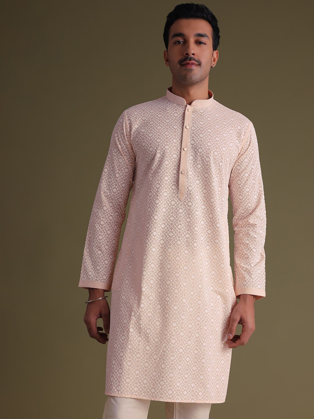 

KALKI Fashion Woven Design Mandarin Collar Kurta With Churidar, Pink