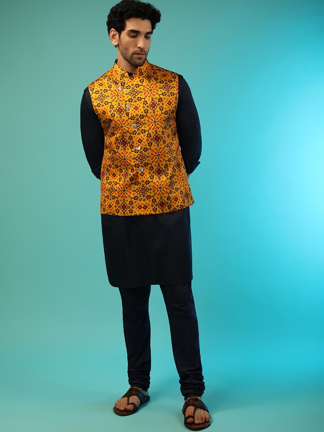 

KALKI Fashion Mandarin Collar Kurta With Churidar & Nehru Jacket, Black