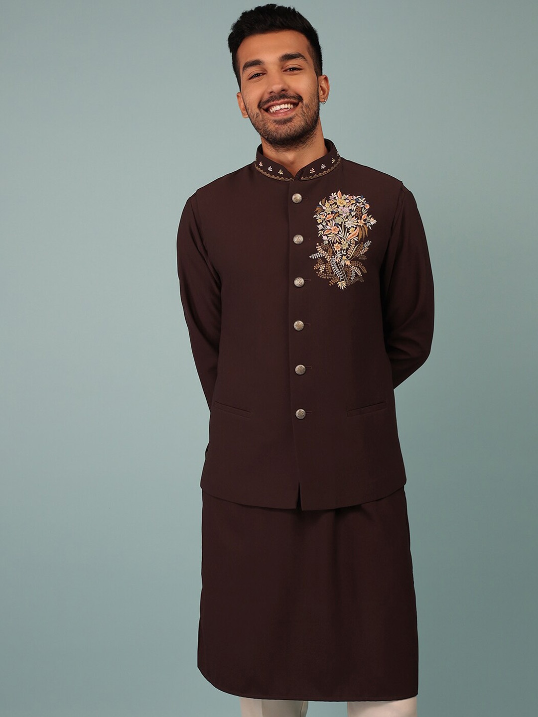 

KALKI Fashion Mandarin Collar Kurta With Trousers & Jacket, Brown