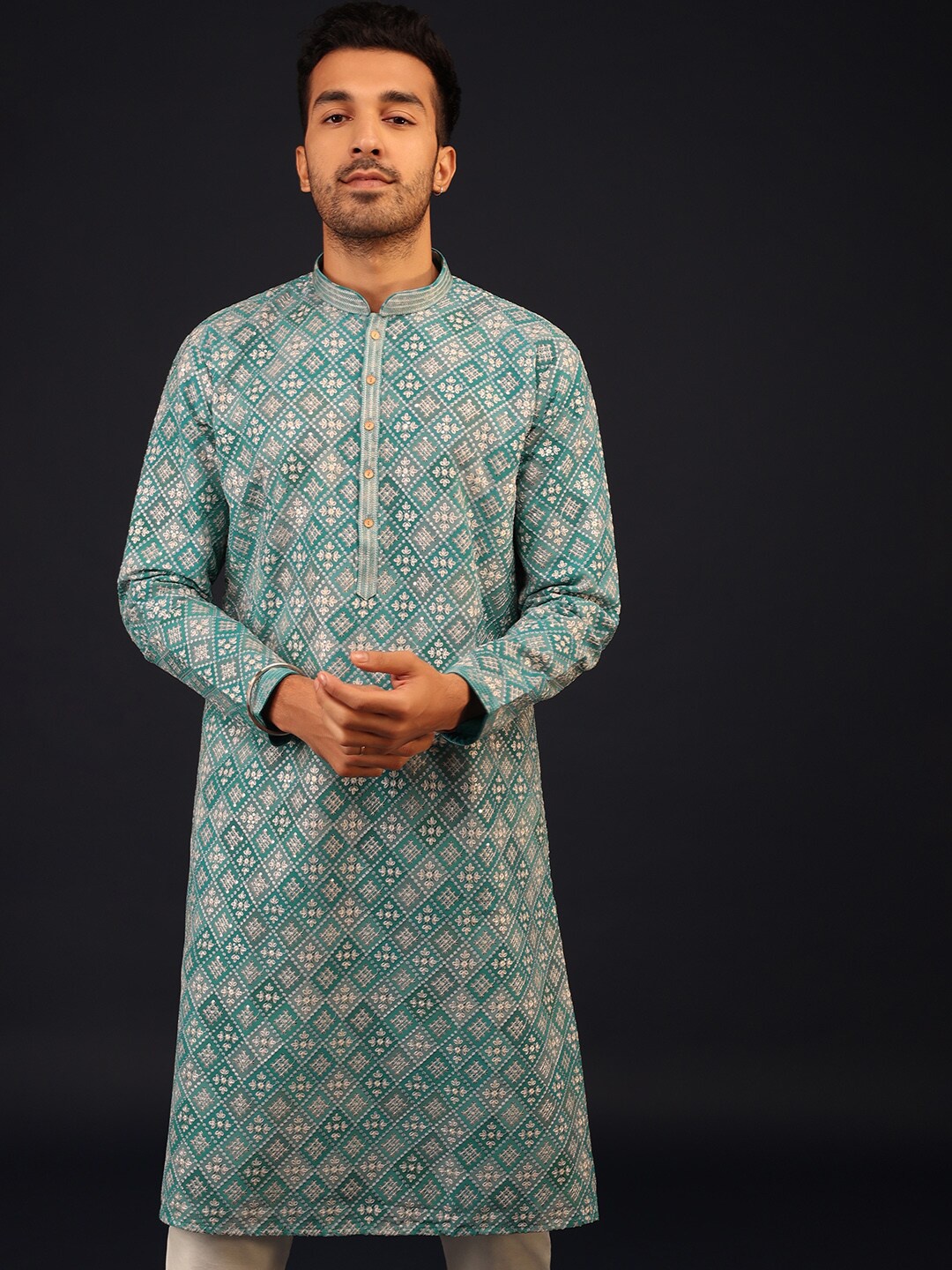 

KALKI Fashion Embroidered Mandarin Collar Sequinned Pure Silk Kurta With Churidar, Turquoise blue