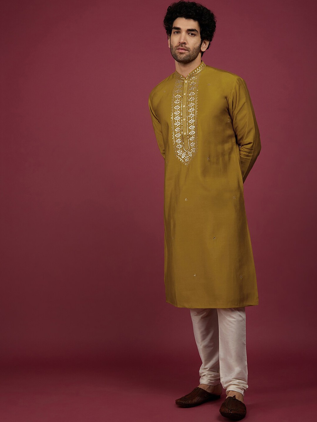 

KALKI Fashion Ethnic Motifs Embroidered Regular Pure Silk Kurta with Churidar, Brown