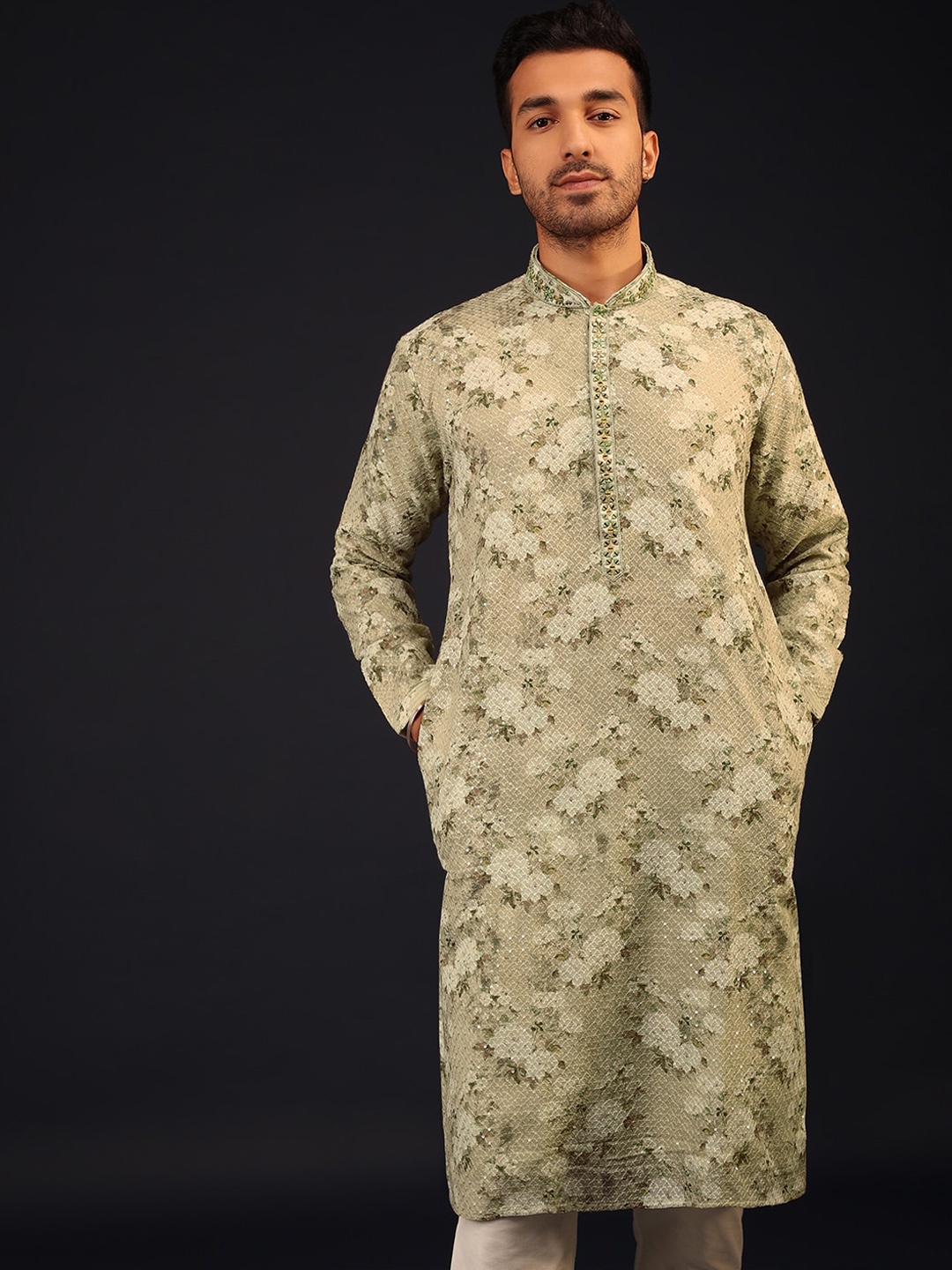 

KALKI Fashion Floral Printed Thread Work Pure Silk Kurta with Churidar, Beige