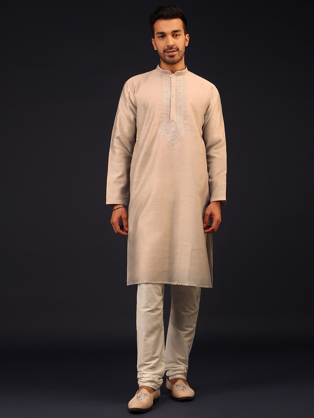 

KALKI Fashion Floral Embroidered Mandarin Collar Pure Silk Straight Kurta with Churidar, Beige