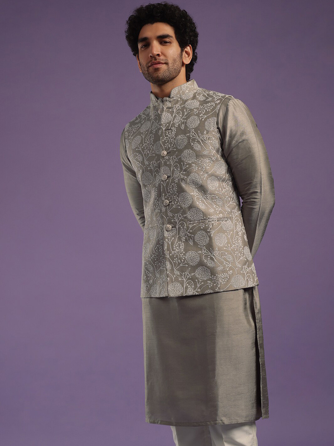 

KALKI Fashion Mandarin Collar Straight Kurta with Trousers & Nehru jacket, Grey