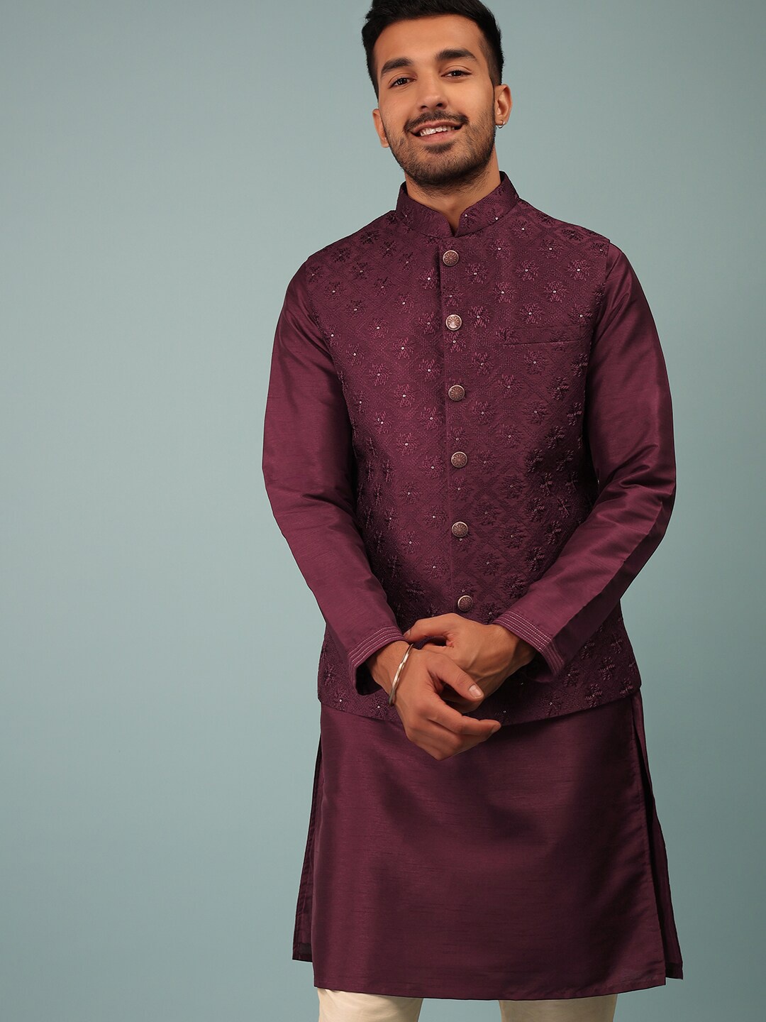 

KALKI Fashion Mandarin Collar Kurta With Churidar & Jacket, Purple