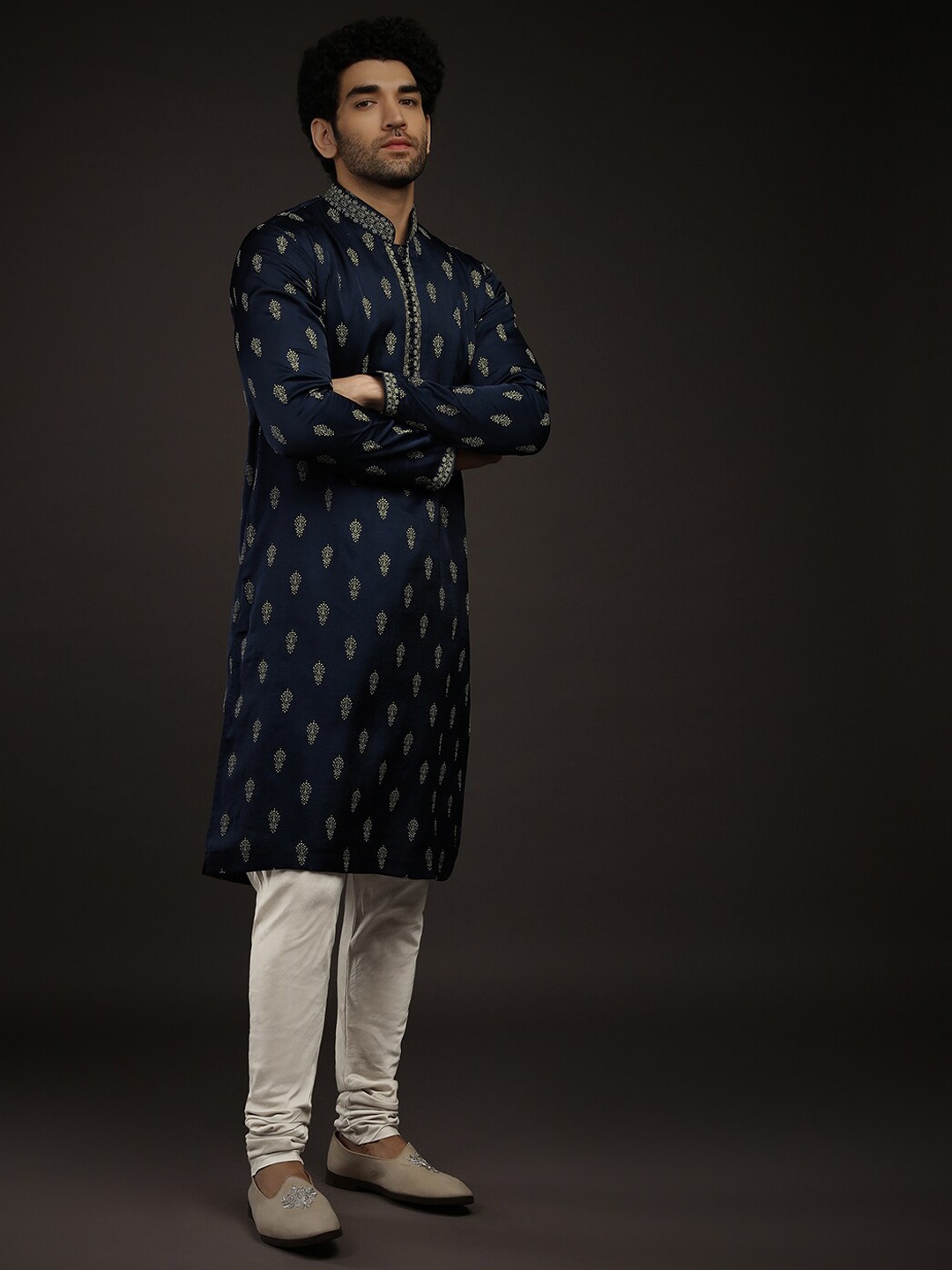 

KALKI Fashion Ethnic Motif Printed Mandarin Collar Kurta With Churidar, Navy blue