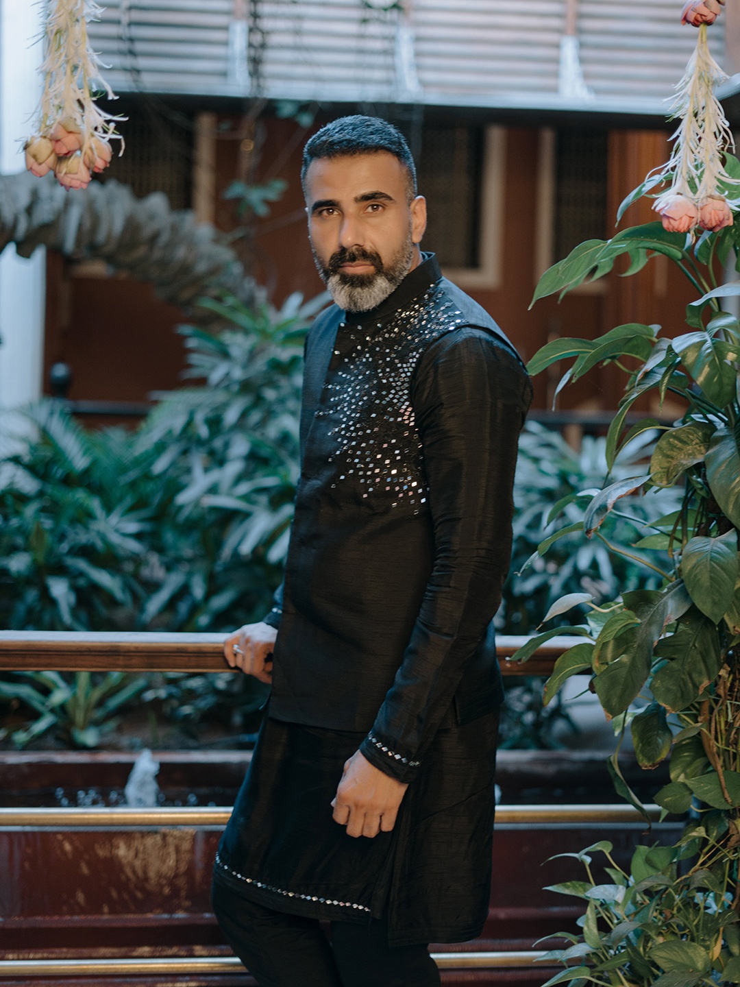 

KALKI Fashion Men Black Regular Pure Silk Kurta with Churidar