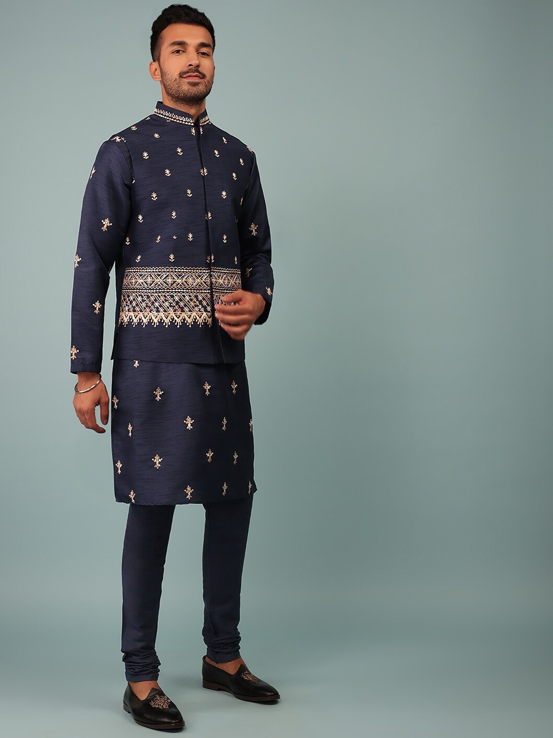 

KALKI Fashion Mandarin Collar Raw Silk Kurta With Churidar & Jacket, Navy blue