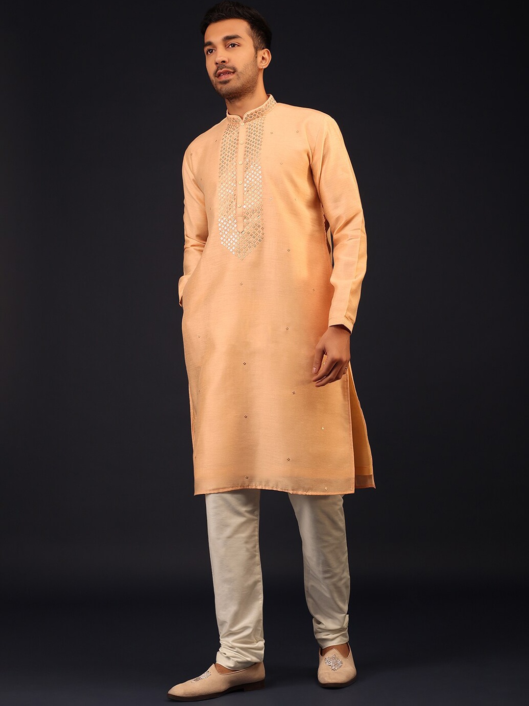 

KALKI Fashion Ethnic Motifs Embroidered Stone Work Pure Silk Kurta with Churidar, Peach
