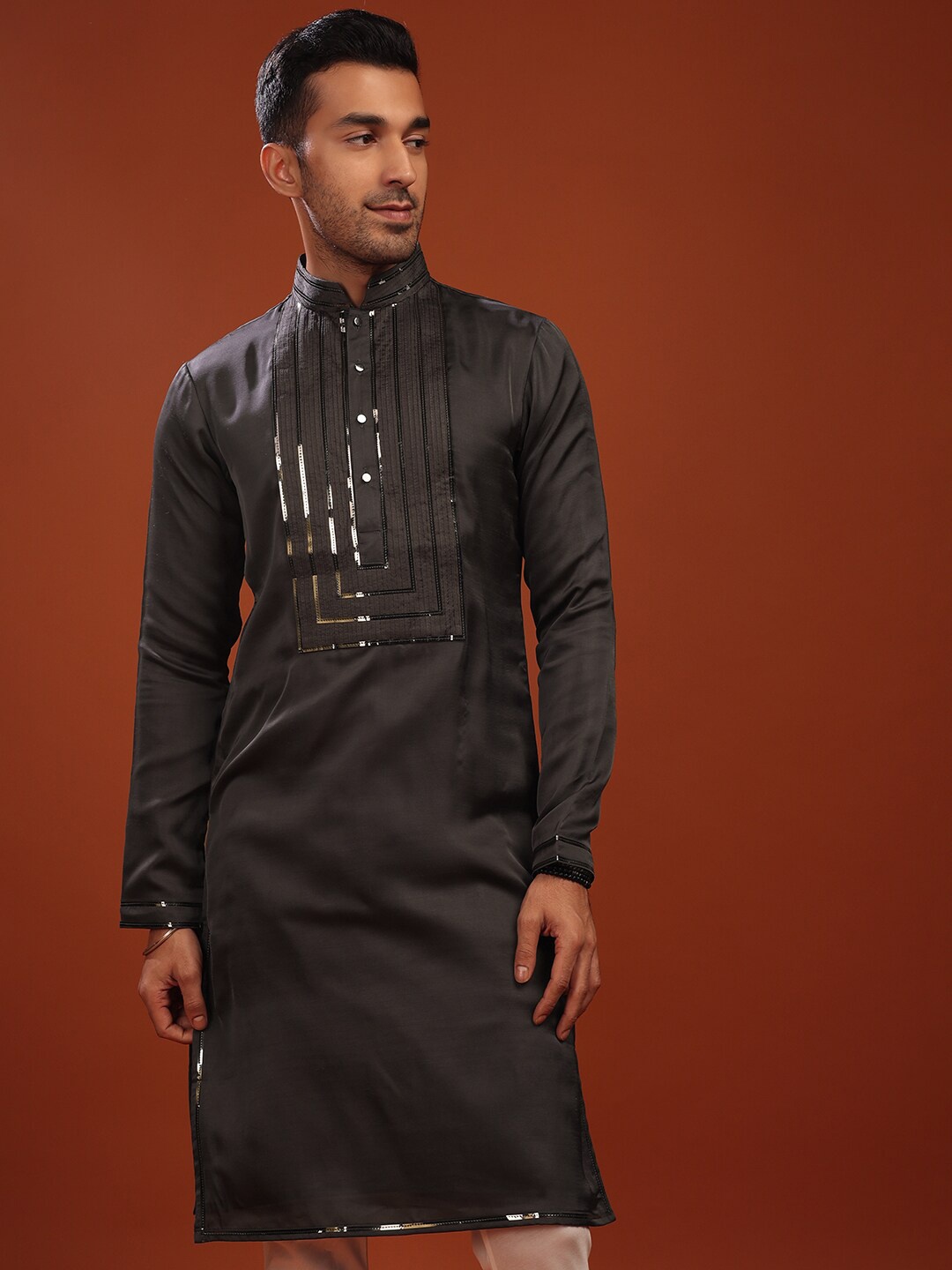 

KALKI Fashion Mandarin Collar Gotta Patti Pure Silk Kurta With Churidar, Black