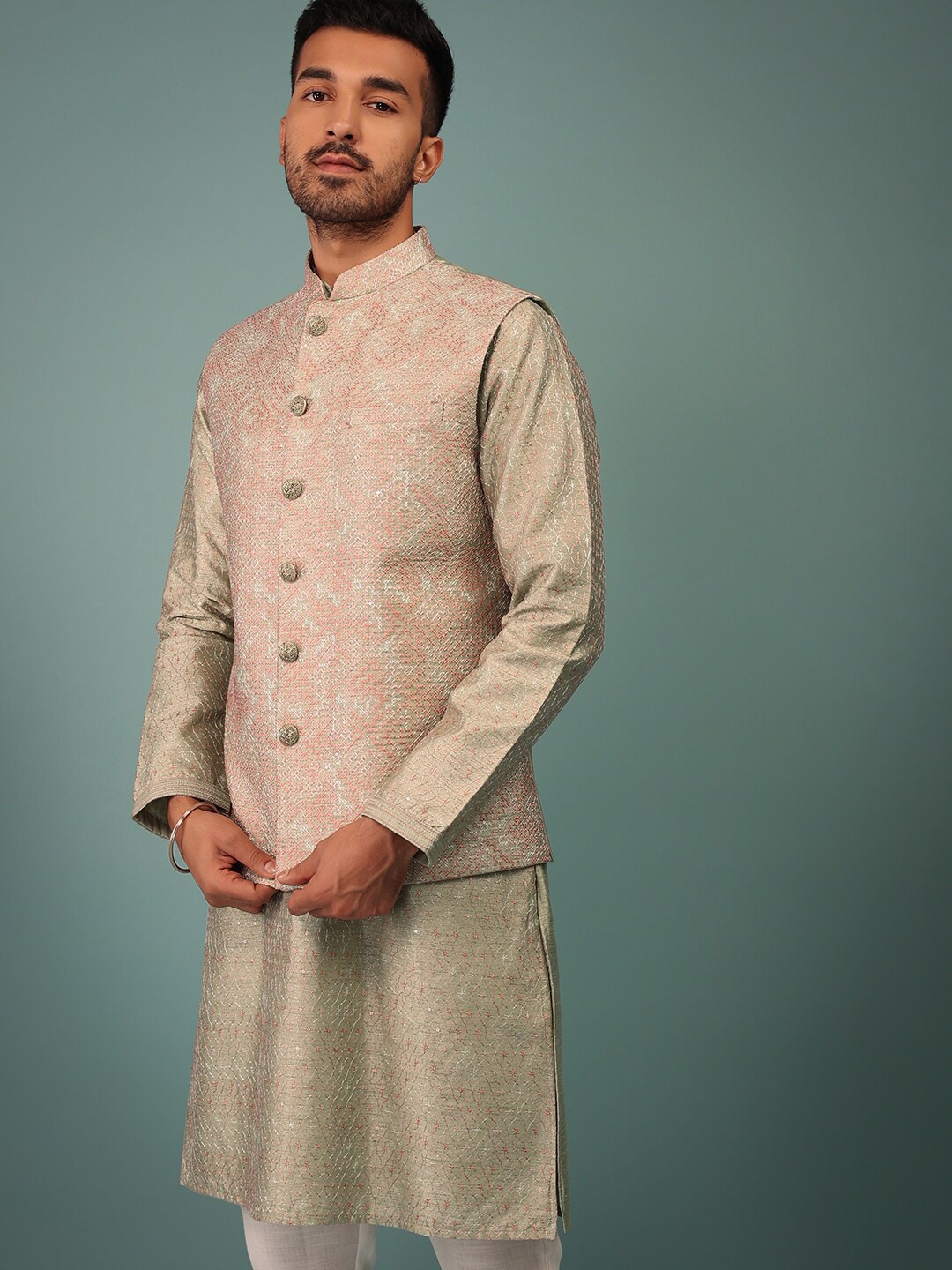 

KALKI Fashion Embroidered Mandarin Collar Pure Silk Kurta With Trousers & Nehru Jacket, Green