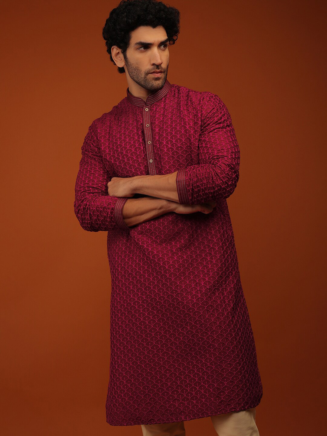 

KALKI Fashion Embroidered Zari Detail Raw Silk Kurta with Churidar, Maroon