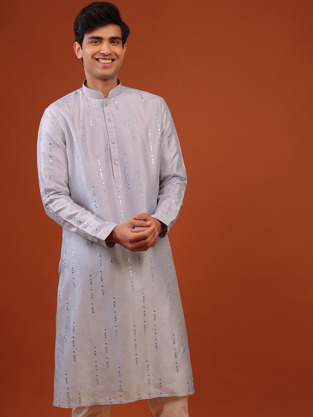 

KALKI Fashion Ethnic Motifs Embroidered Mandarin Collar Mirror Work Kurta With Churidar, Purple