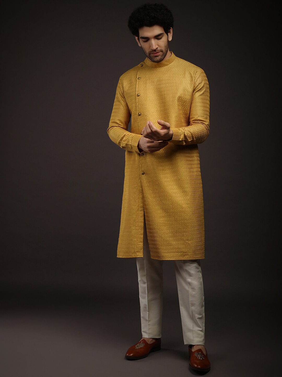 

KALKI Fashion Ethnic Motifs Woven Design Mandarin Collar Pure Silk Kurta With Trousers, Mustard