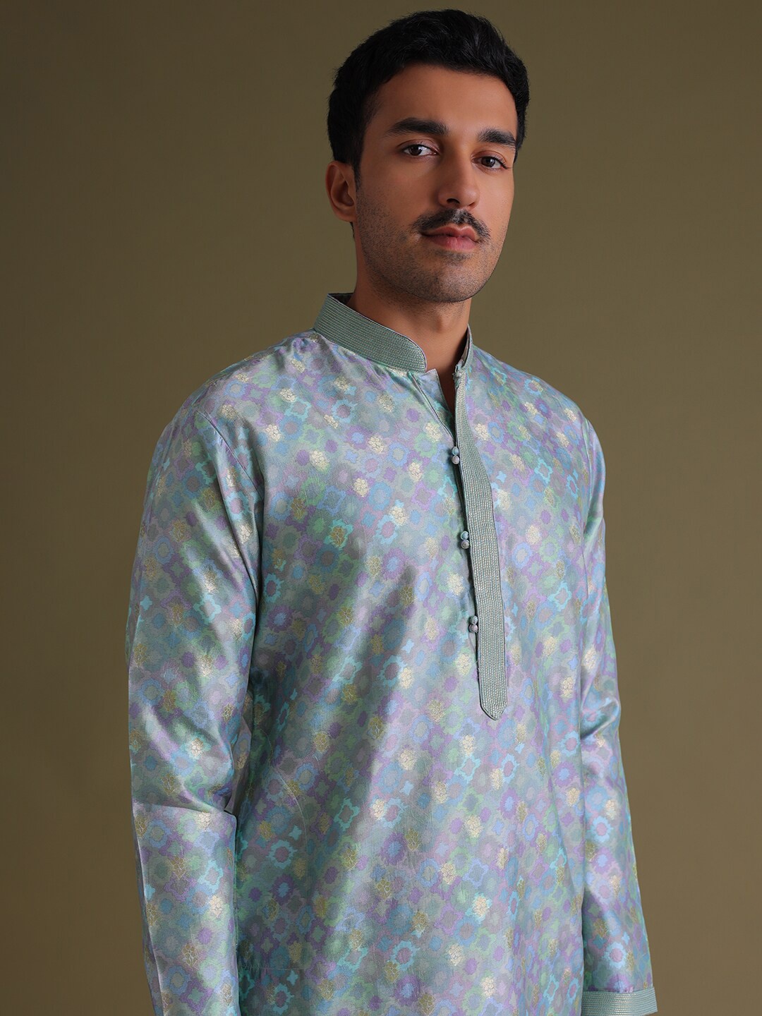 

KALKI Fashion Ethnic Motif Printed Mandarin Collar Kurta With Churidar, Turquoise blue