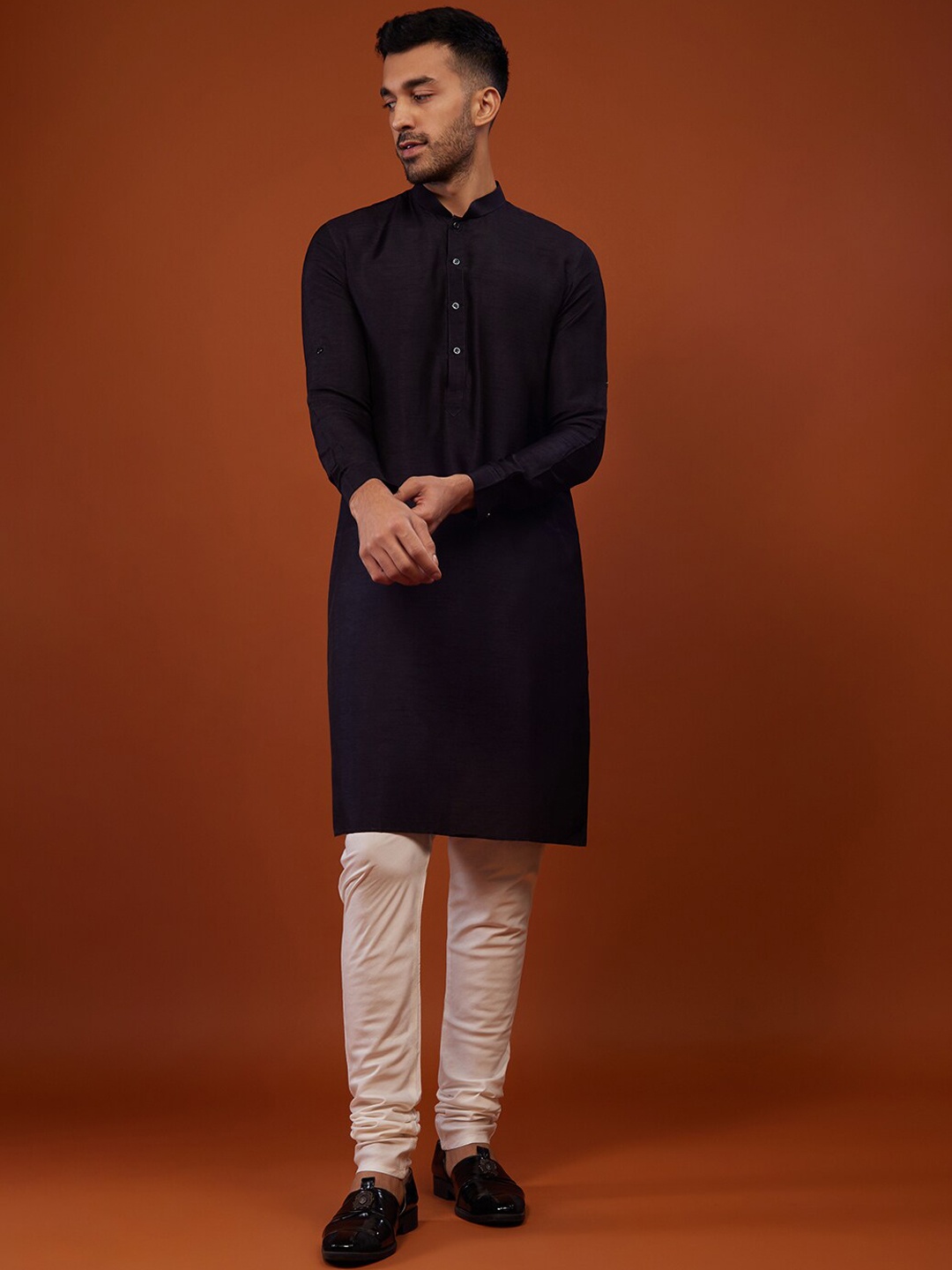 

KALKI Fashion Mandarin Collar Kurta With Churidar & Jacket, Navy blue