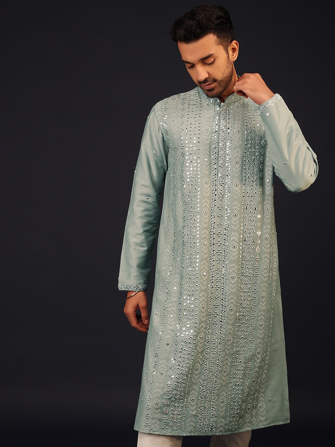 

KALKI Fashion Embroidered Mandarin Collar Mirror Work Pure Silk Kurta With Churidar, Sea green