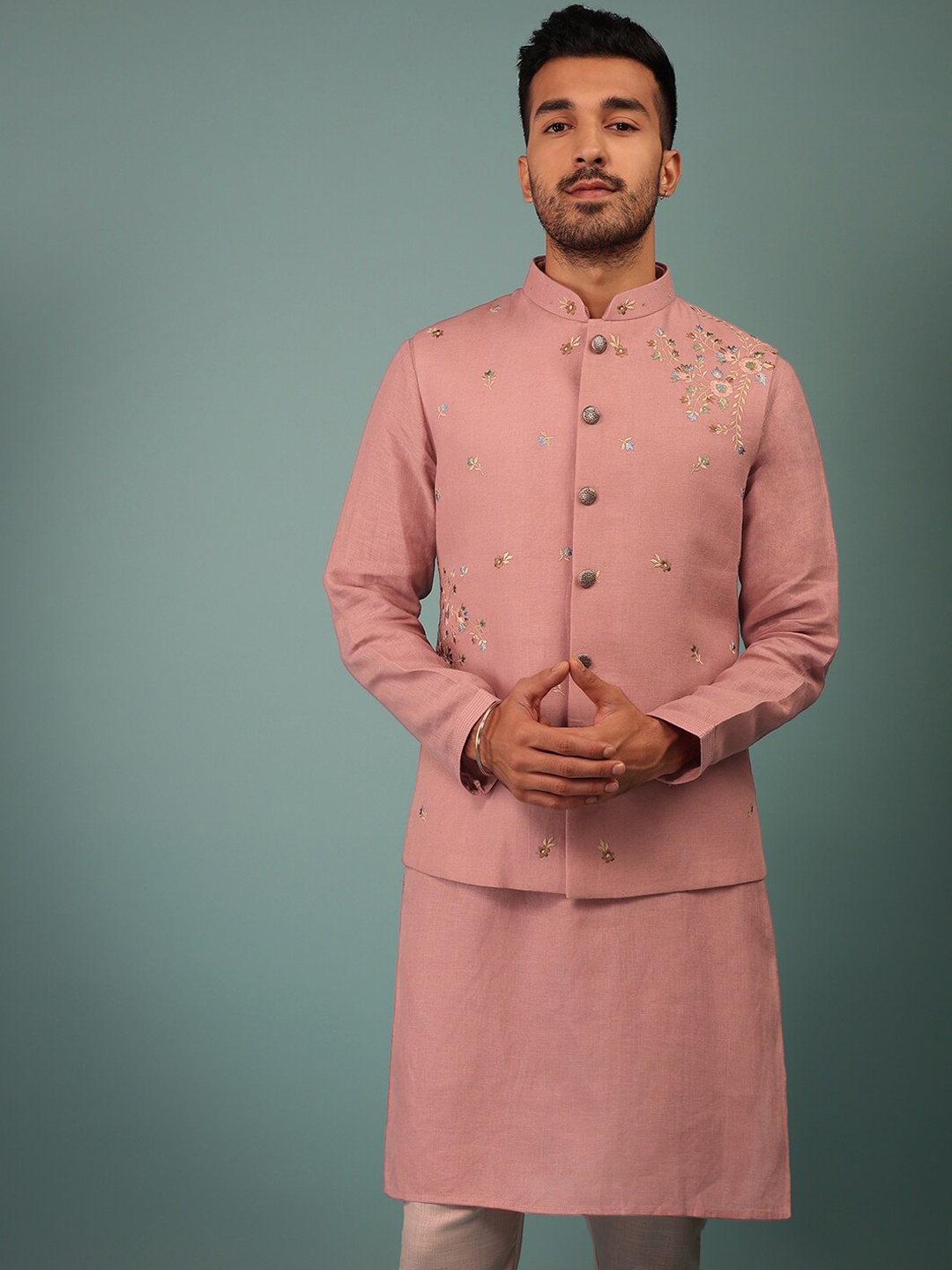 

KALKI Fashion Mandarin Collar Kurta With Trousers & Jacket, Pink