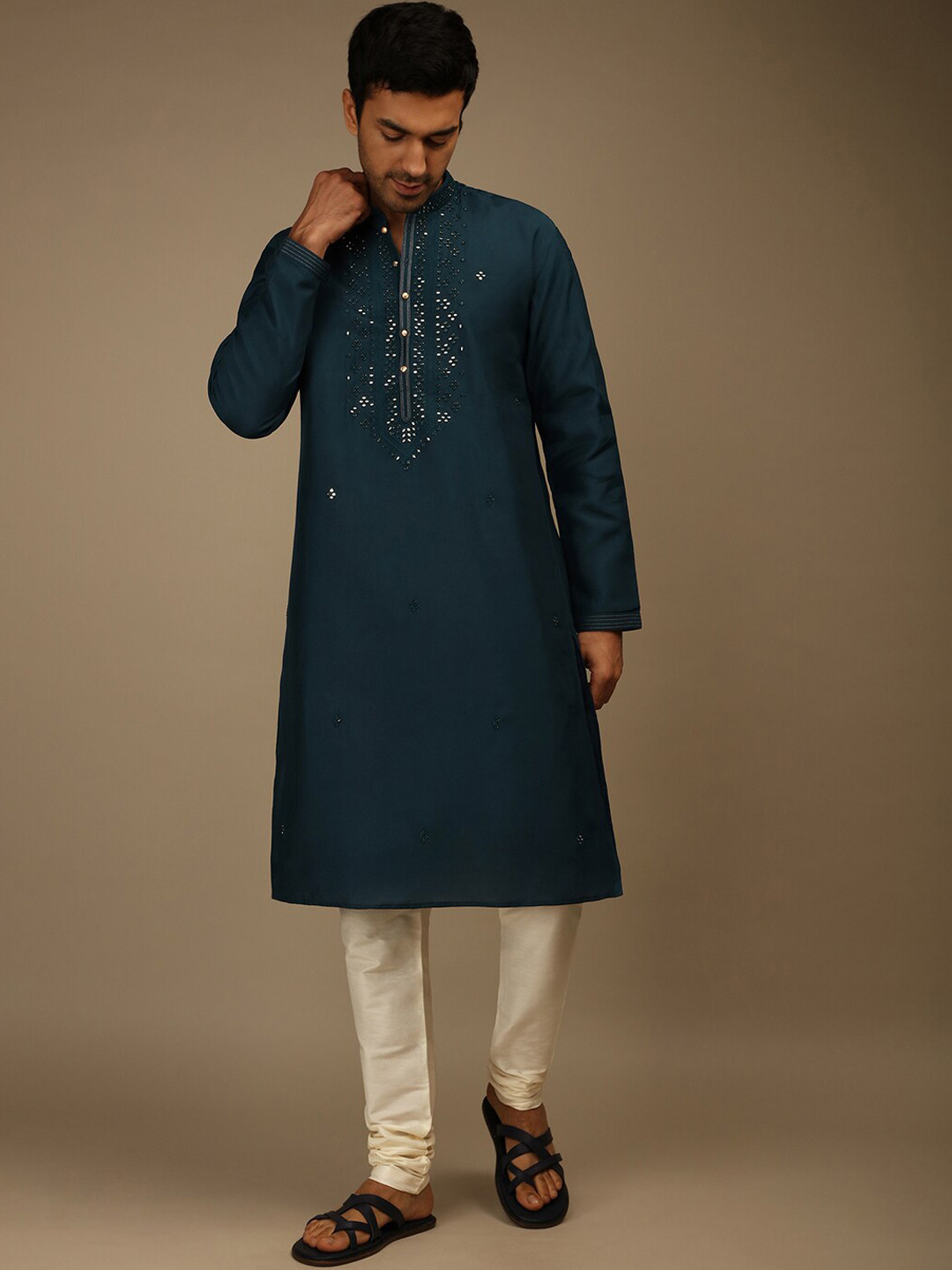 

KALKI Fashion Ethnic Motifs Embroidered Mirror Work Pure Silk Kurta With Churidar, Blue