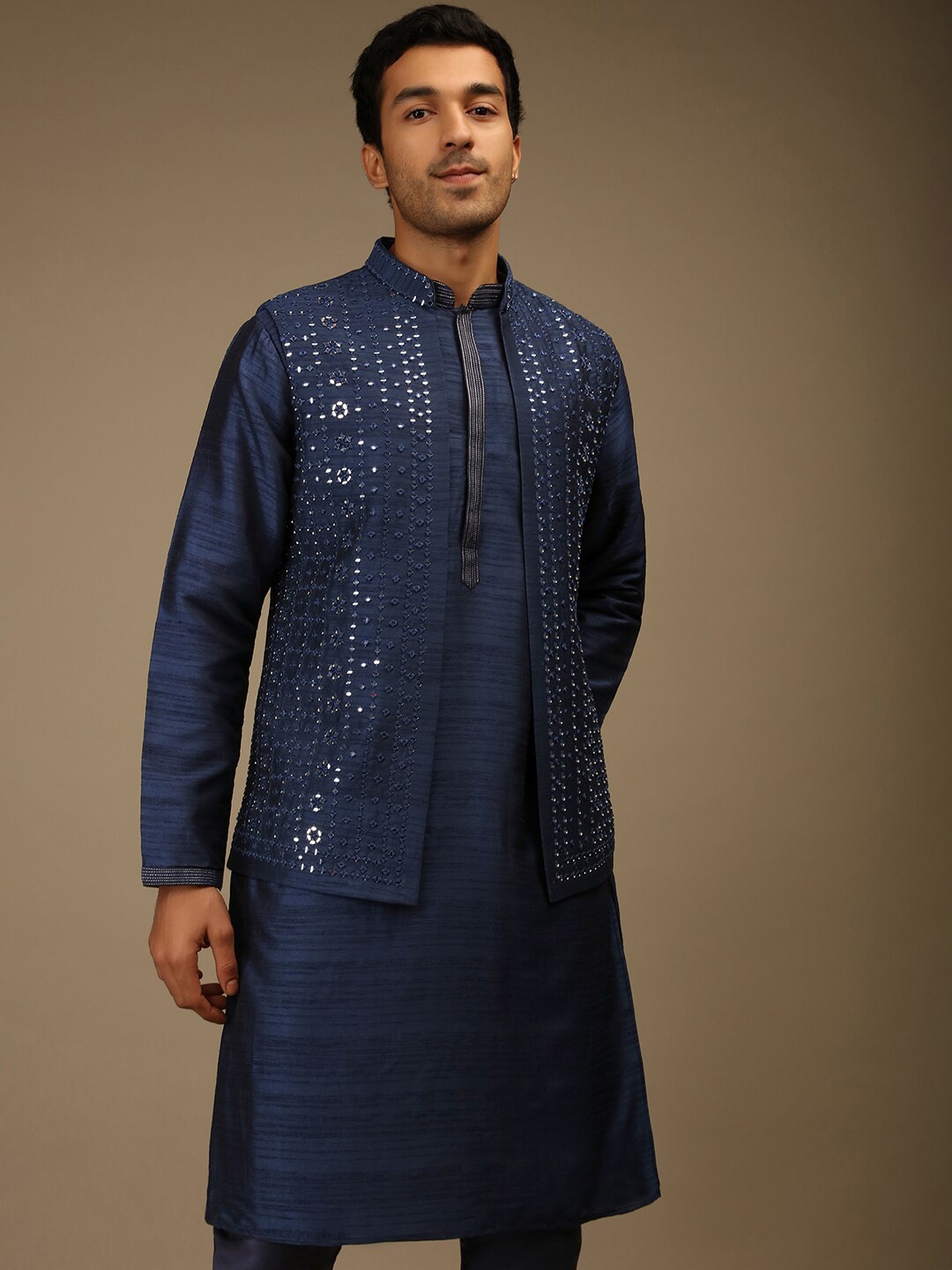 

KALKI Fashion Mandarin Collar Pure Silk Kurta with Churidar & Jacket, Blue