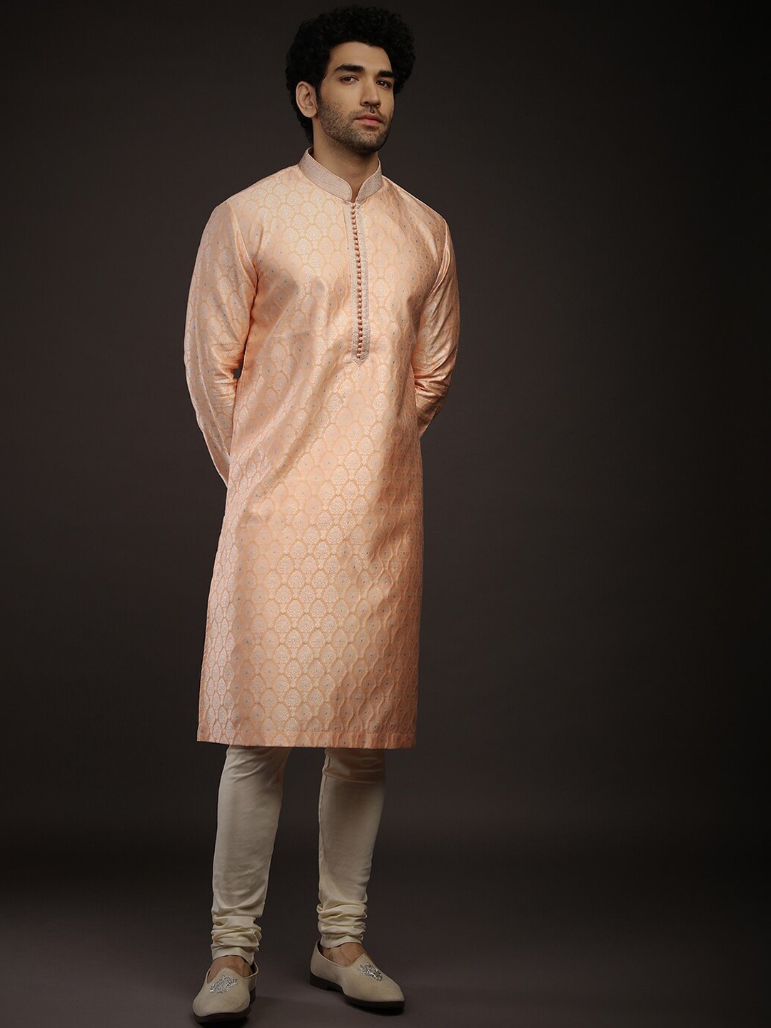 

KALKI Fashion Ethnic Motif Woven Design Mandarin Collar Pure Silk Kurta With Churidar, Peach