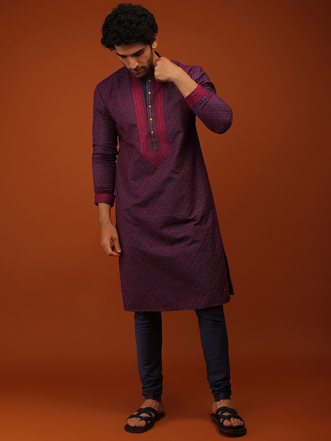 

KALKI Fashion Embroidered Mandarin Collar Raw Silk Kurta With Churidar, Navy blue