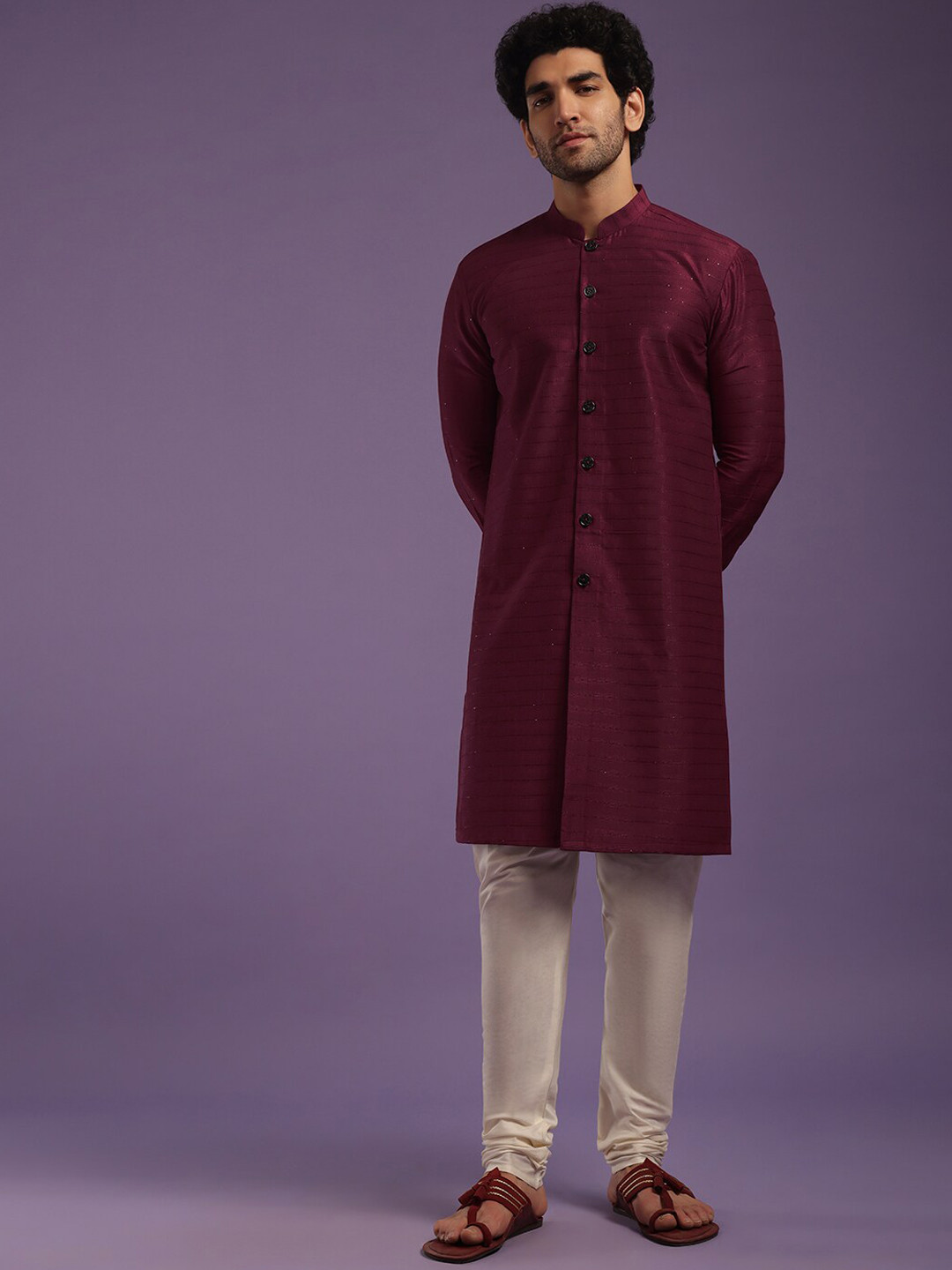 

KALKI Fashion Mandarin Collar Striped Kurta with Churidar, Maroon