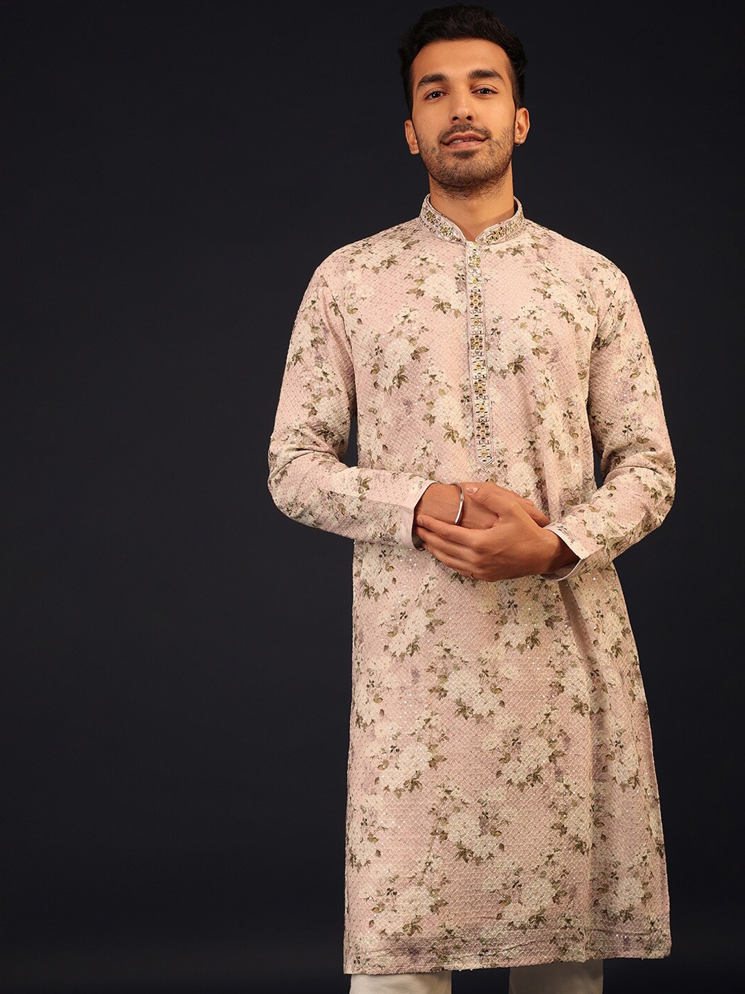 

KALKI Fashion Floral Printed Thread Work Pure Silk Kurta with Churidar, Pink