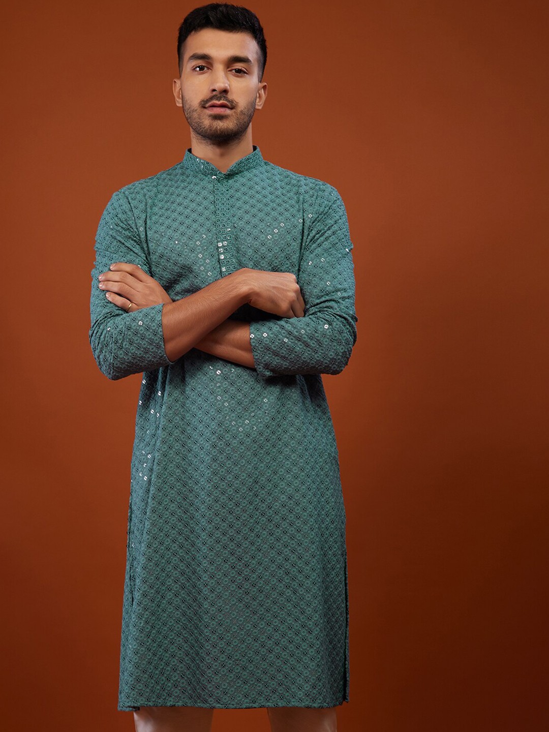

KALKI Fashion Floral Embroidered Mandarin Collar Sequinned Kurta With Churidar, Green