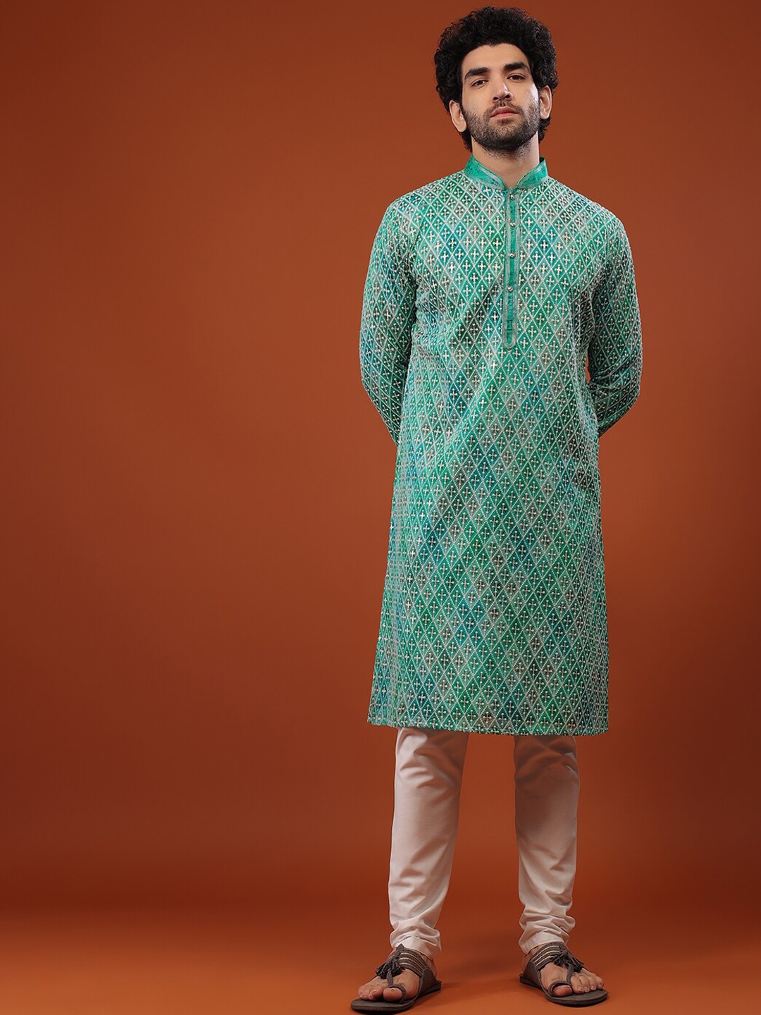 

KALKI Fashion Geometric Embroidered Pure Silk Kurta With Churidar, Green