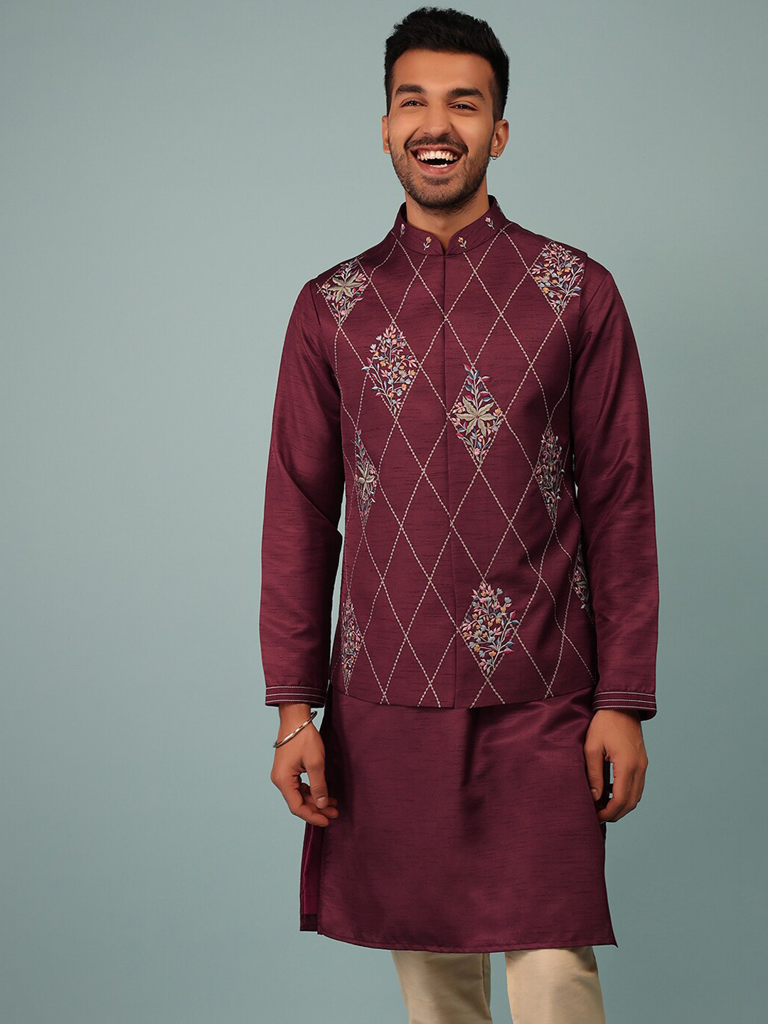 

KALKI Fashion Mandarin Collar Raw Silk Kurta With Churidar & Nehru Jacket, Maroon
